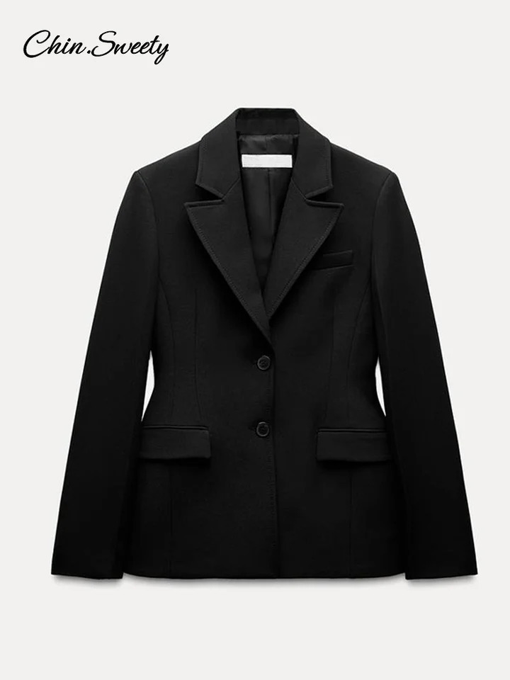 Spring Shoulder Pad Womens Black Blazer Fashion Lapel Flap Pocket Slim Button Suit Jacket Female Lady Commute Outwear 250109