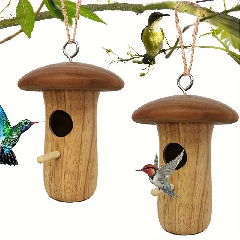 1Pc Outdoor Hummingbird House Natural Wooden Hanging Hummingbird Nest Wild Bird House Hummingbird Feeder Outdoor Garden Yard 250121
