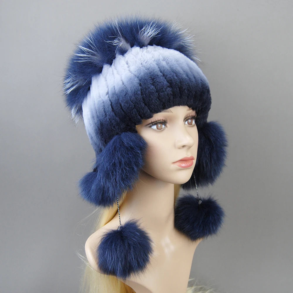 Elastic Knitted Rex Rabbit Fur Beanies Handmade Genuine Fur Hats with Fox Fur Ears Genuine Leather Snow Hats Suitable for Female ers 250109