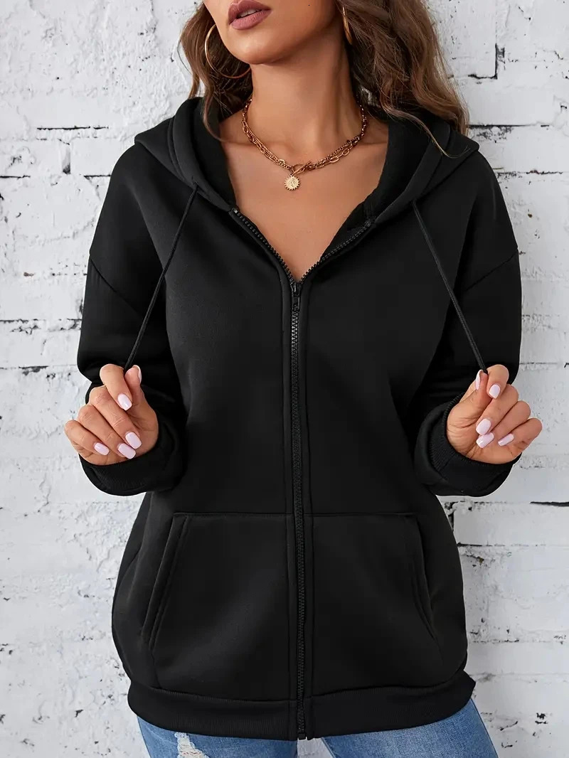 Solid Drawstring Hoodie For Women Autumn And Winter Velvet Thickened Longsleeved Zip Sweatshirt 250122