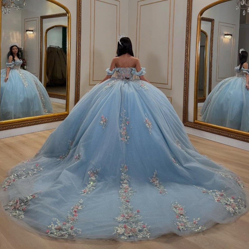 Sky Blue Shiny Quinceanera Dresses Ball Gown Off The Shoulder Applique Lace Beading Tull Party Birthday Sweet 16 Dres vestidos de 15 anos