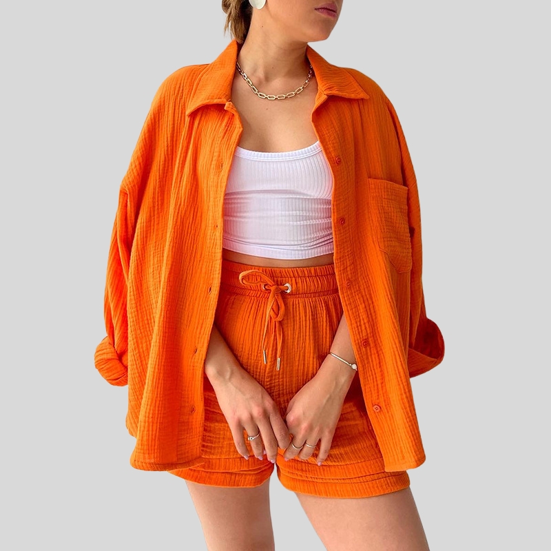 European and American women's clothing two-piece set wrinkled cloth lapel collar long-sleeved shirt high waist drawstring shorts large size fashi