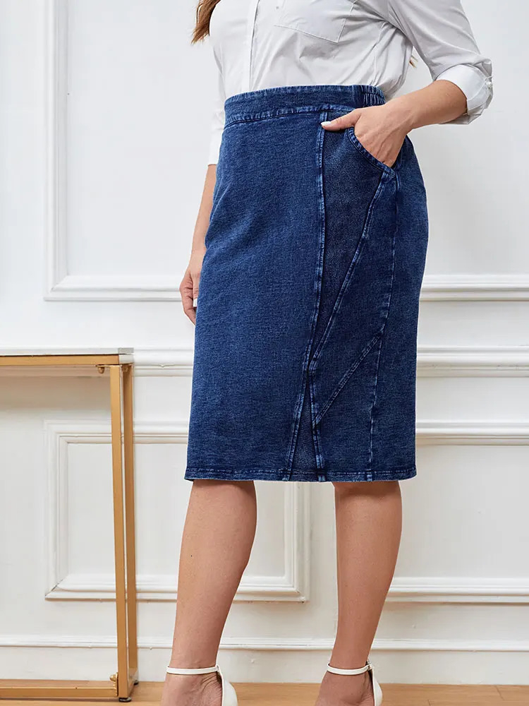 Womens plus Size Casual Denim Skirt High Waist ALine KneeLength Blue Vintage Flared Skirts for Women y250121
