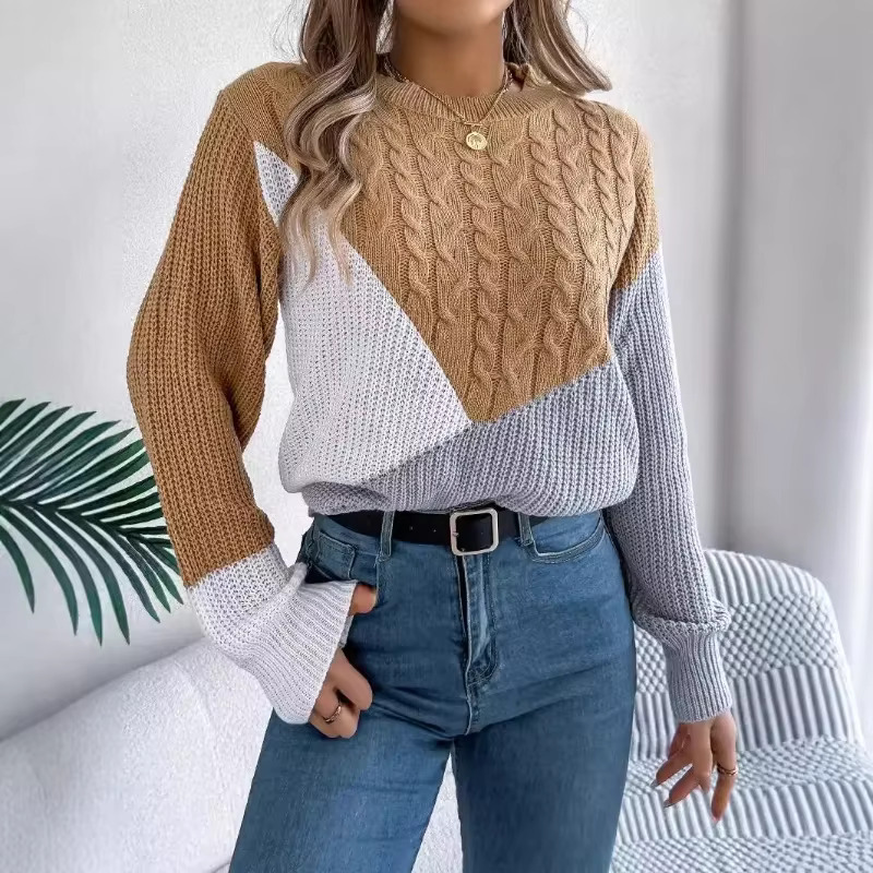 2025 Autumn Winter Pullovers Casual Color Contrasting Sweater Women Loose O-Neck Tops Fashionable Versatile Knitted Sweaters