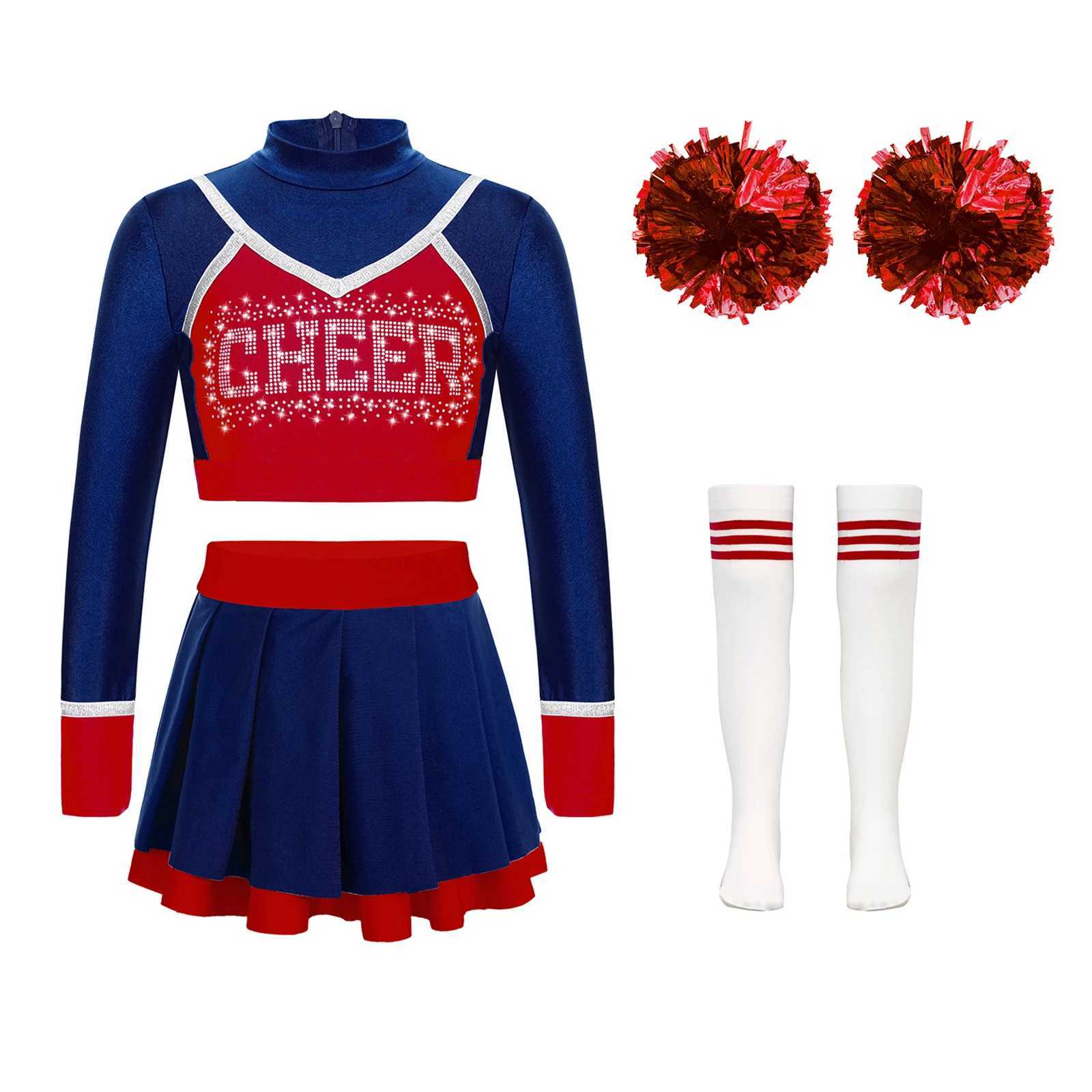 Kid Girls Cheerleading Uniform Cheerlead Dance Outfit Crop Top Pleated Skirt Flower Balls Socks for Cheering Team Dancewear SetsW250121