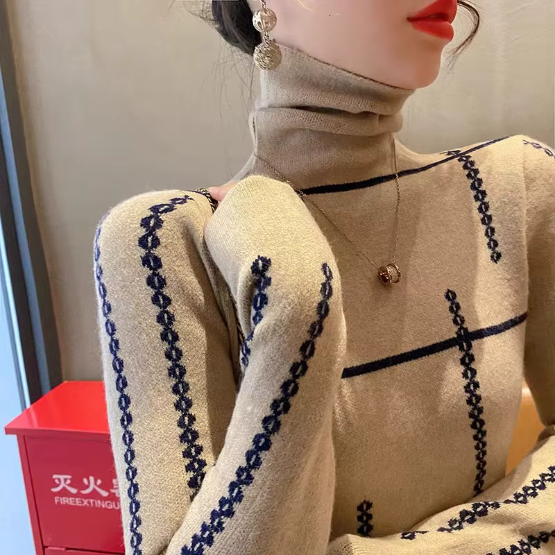 Office Lady Daily Fashion Jacquard Turtleneck Sweaters Autumn Winter Temperament Elegant Elastic Slim Knitted Pullovers