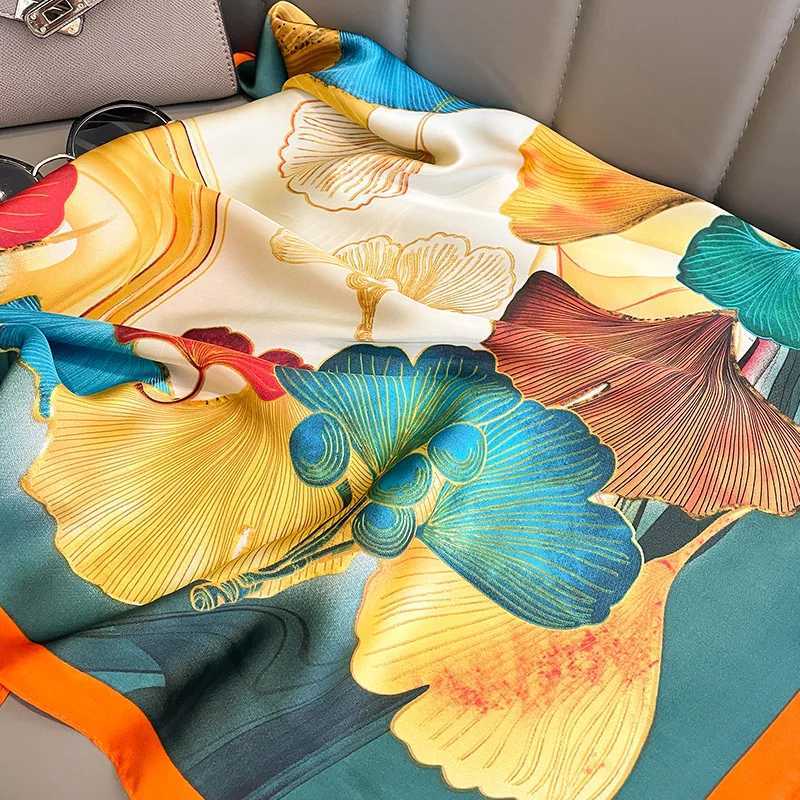 Spring/Summer Ginkgo Leaves Imitation Silk Neck Scarf Outdoor Decoration Wr for Women Breathable Print 70*70cm Square Scarf W250118