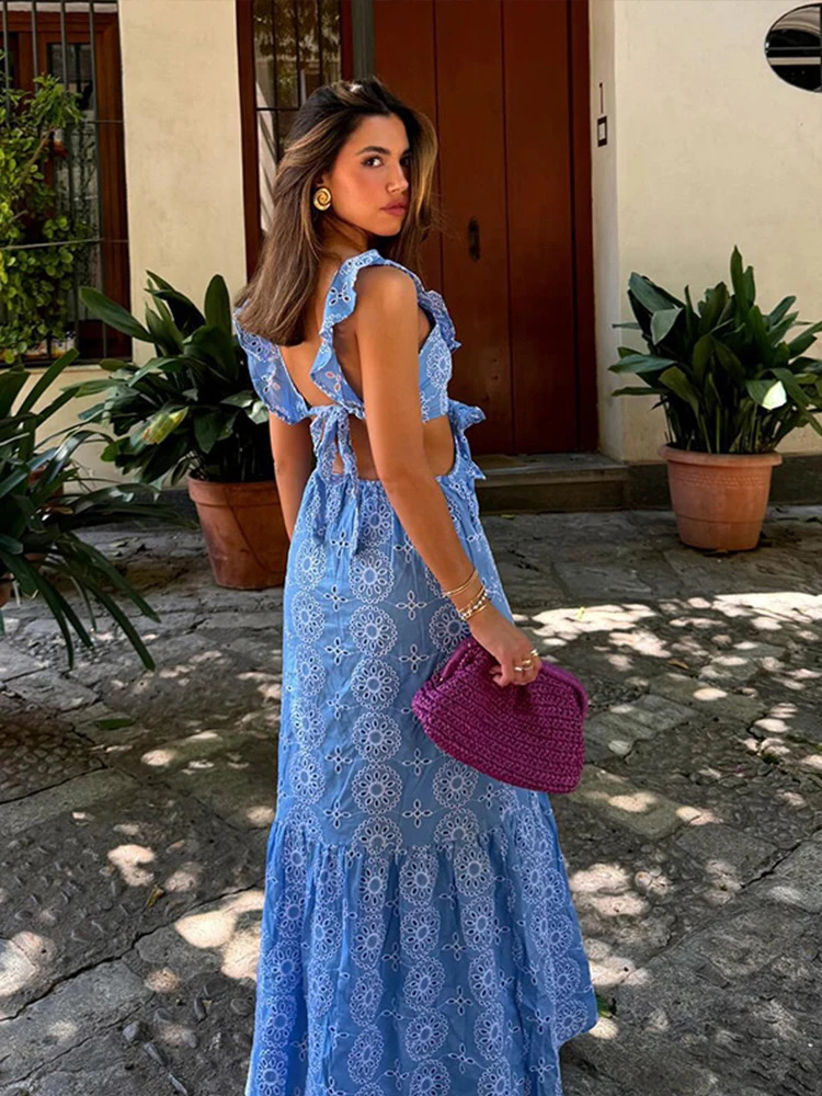 Summer Hollow Out Embroidery Maxi Dress For Women Sexy Sleeveless Backless Ruffle Long Beach Dress 2024 Holiday Lady Party Robe 250121