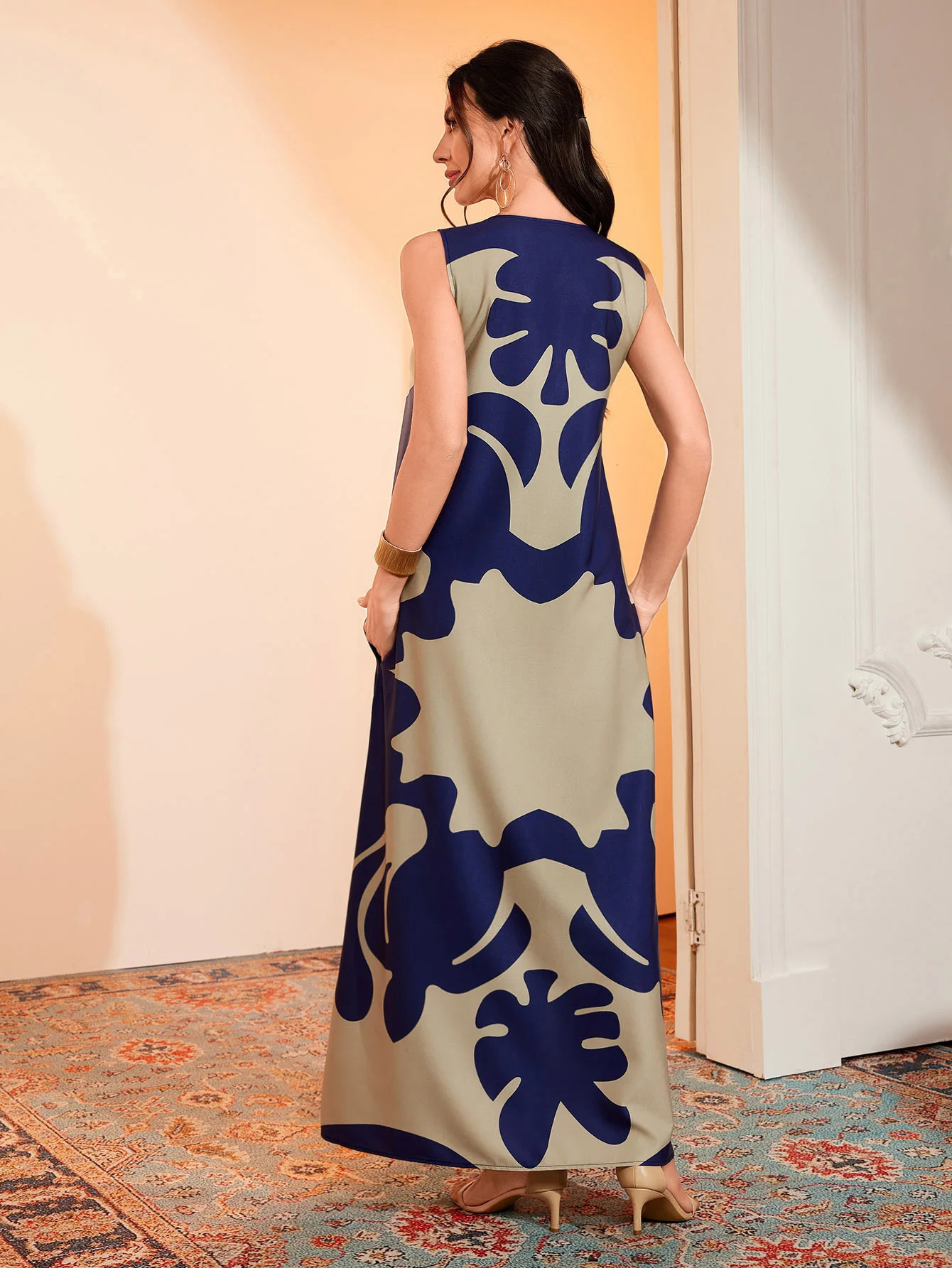 Womens summer Boho vintage maxi dress Womens pocket loose casual print A-line dresses 250117