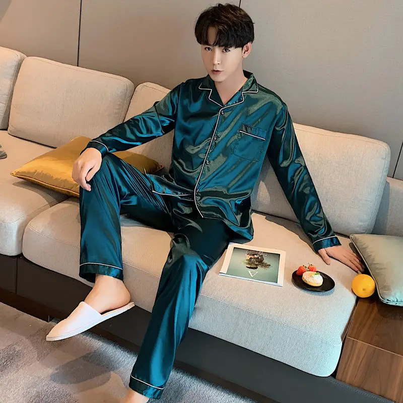 Elegant Silk Mens Pajama Sets Long Button Sleepwear Male Sleeping Home Clothes Satin Night Wear Pijama Big Size Loungewear 250122