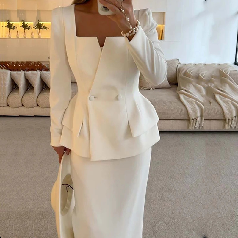 Elegant Square Collar Long Sleeve Blazer Long Skirts Suit Women Chic Double Breasted Jacket Work Outfit Solid 2Pcs Suit 250122