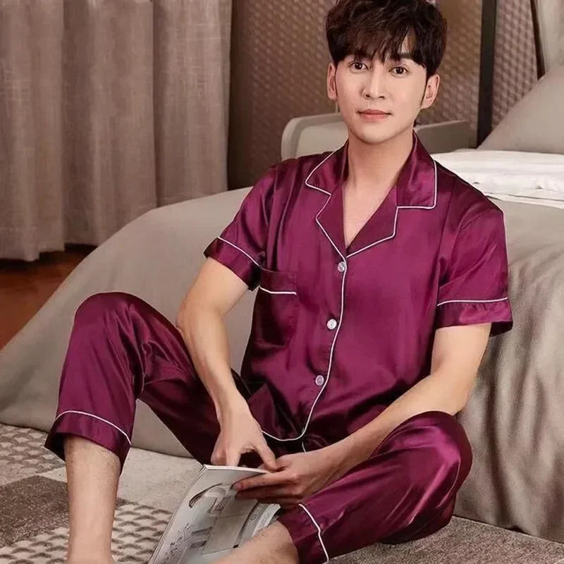 Short Men Silk Summer Satin Pyjama Wear For Pajamas Lounge Pijama Color Home Night Pants Pajama Set Sleeve Male Suit Mens Solid 250122