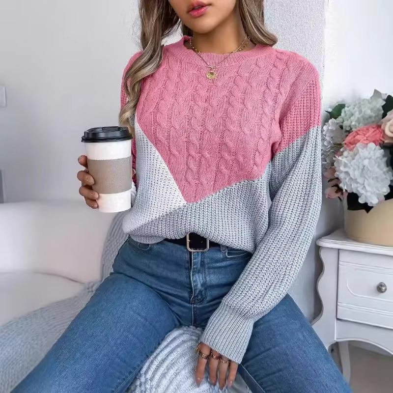 2025 Autumn Winter Pullovers Casual Color Contrasting Sweater Women Loose O-Neck Tops Fashionable Versatile Knitted Sweaters