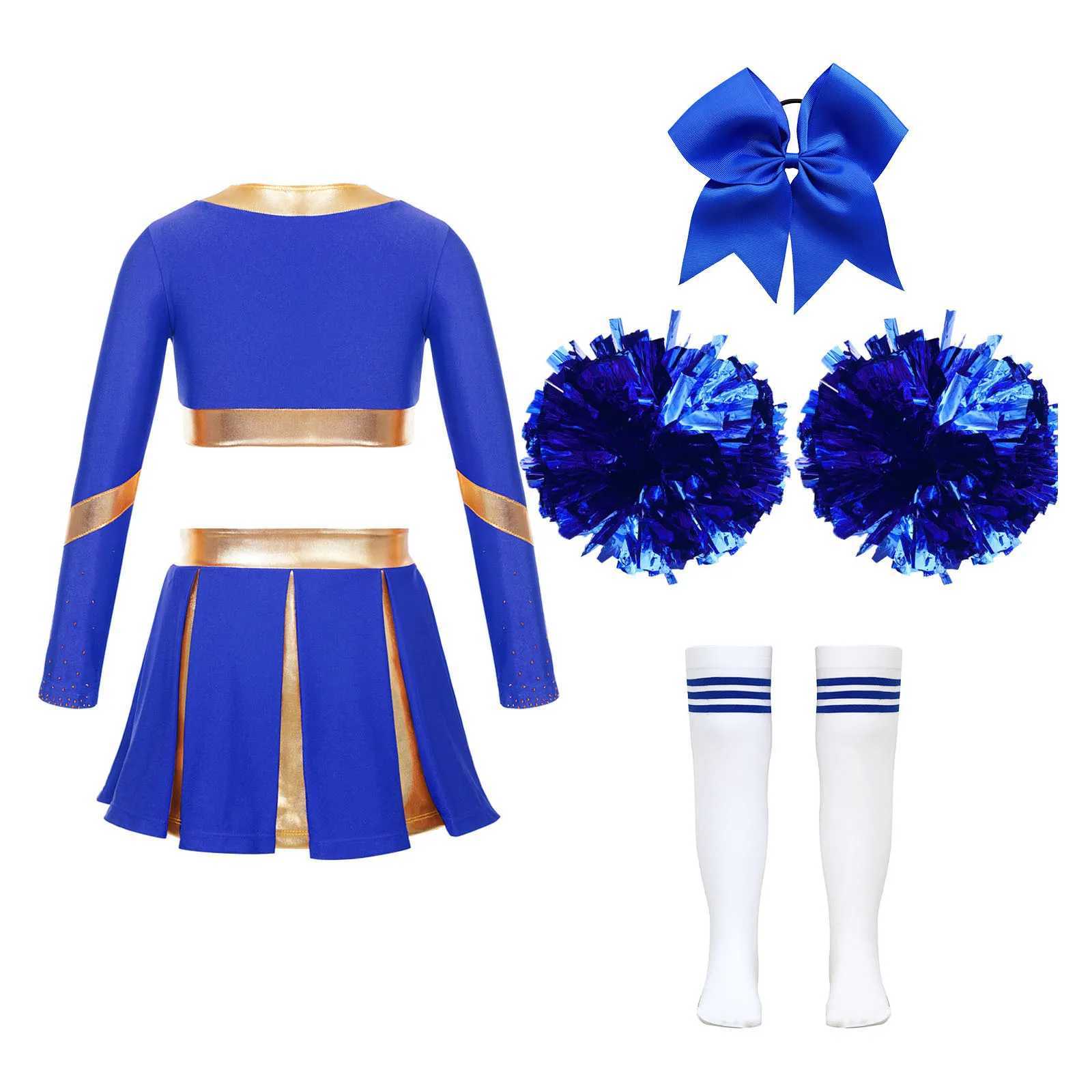 Kids Girls Cheer Leader Costume Outfit Carnival Dance Party Cheerleading Uniform with Pom Poms Stocks Schoolgirl Cheer DancewearW250121