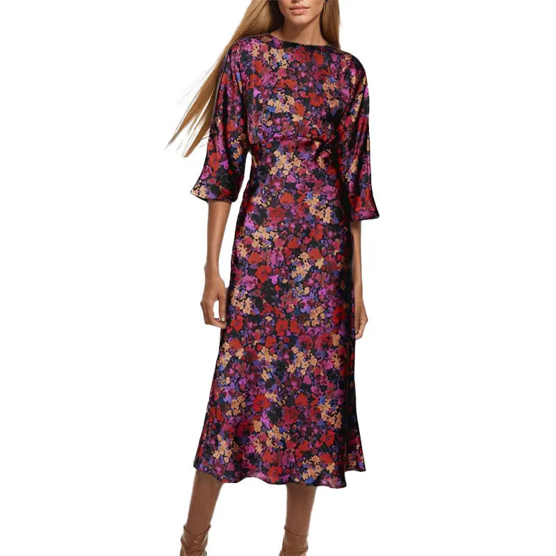 Floral Print Dresses for Women Autumn Midi Dress Woman Party Long Dresses Women Vintage Female Dress 250121