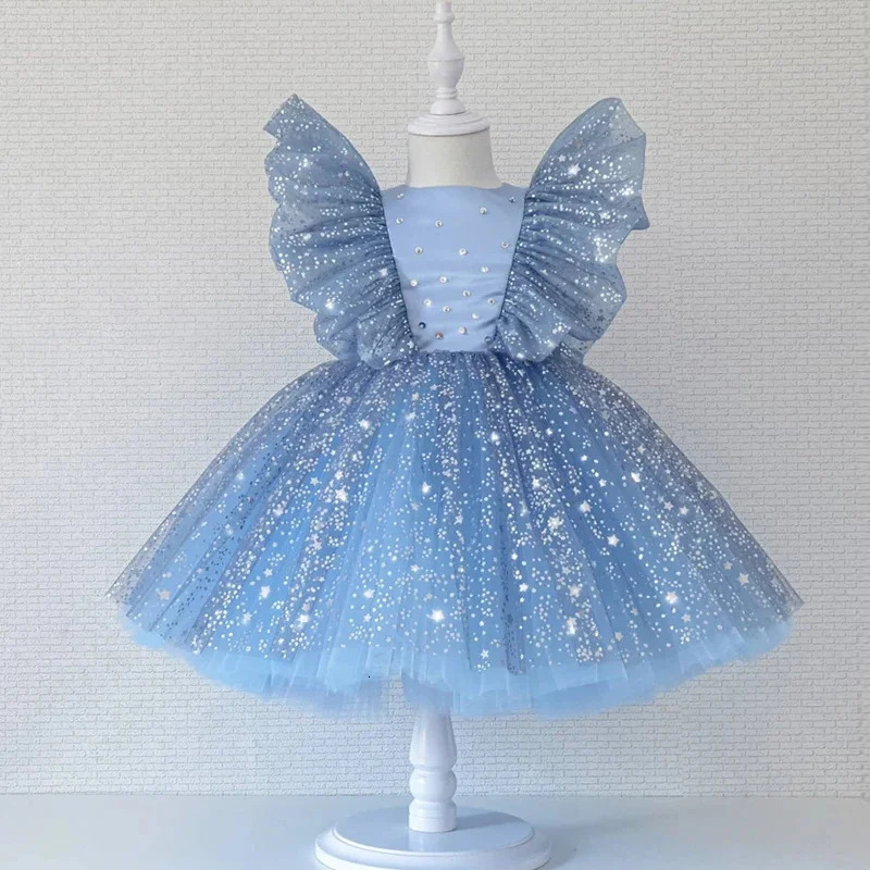 Baby Girls Flying Sleeves Bow Star Sequins Princess Dress For Toddler Formal Banquet Baptism Birthday Party Puffy Ball Gown 0-5Y 250115