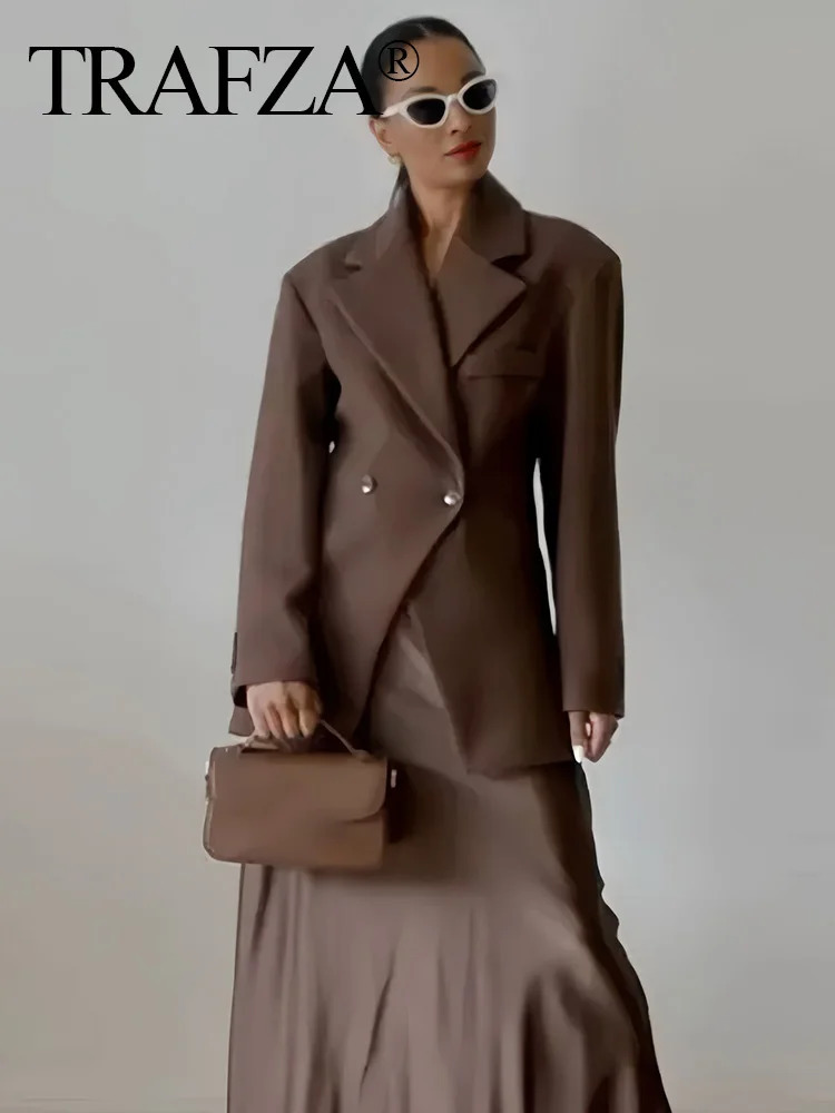 TRAFZA Female Coats Solid Brown TurnDown Collar Long Sleeves Pockets 2 Buttons Blazers Autumn Womans Clothing Vintage 250120
