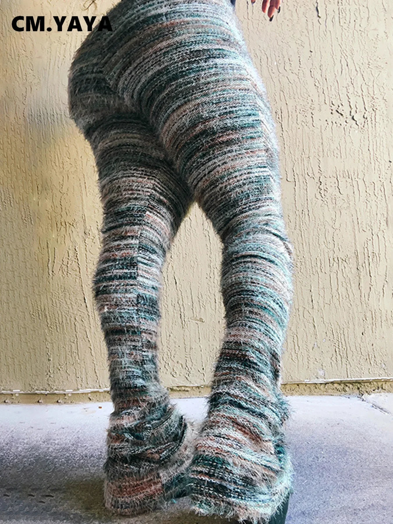CM.YAYA Womens Street Clothing Knitted Ribbon Stripes Keep Warm Winter Shining Pants Fashion Event High Waist Trousers 250122