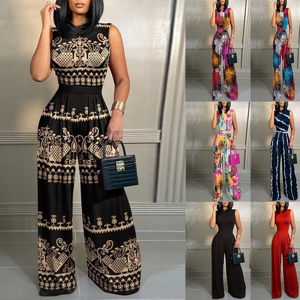 Womens jumpsuit spring collection in Europe and America casual pants slim fit printed sleeveless 250114