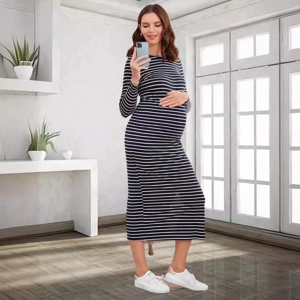 Womens Summer Long-sleeved Breathable Stripe Round-neck Pregnant Womens Dress For Comfortable Maternity Wear Maxi Skirt 250116
