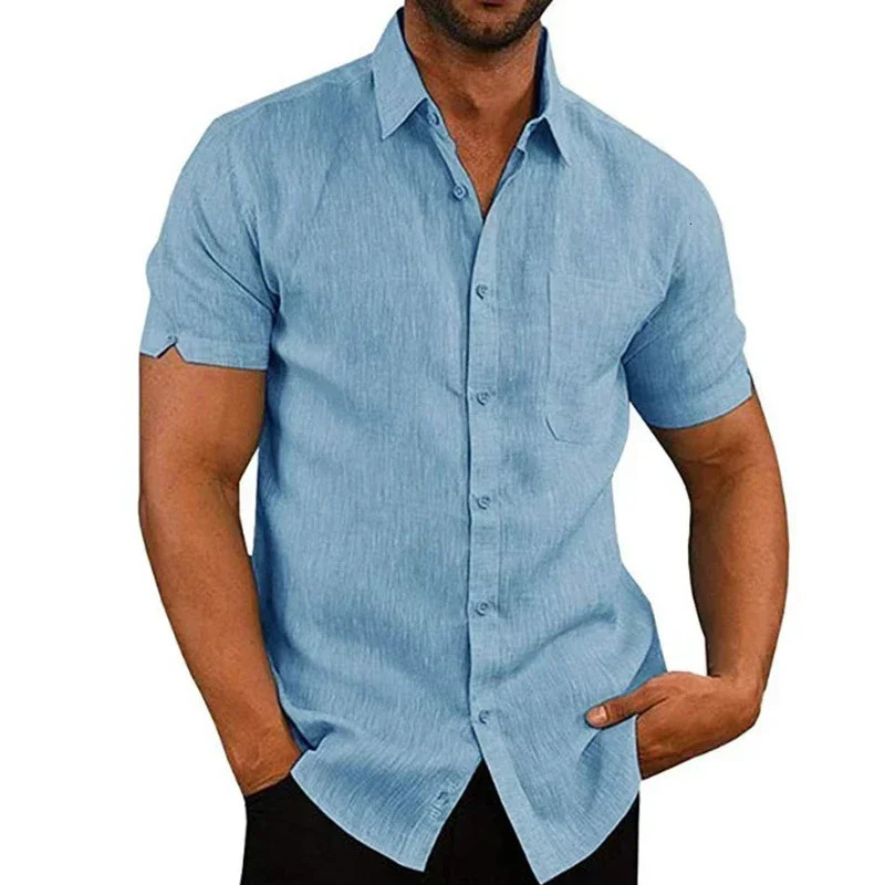 Summer Cotton Linen Shirts for Men Casual Short Sleeved Blouses Solid TurnDown Collar Formal Beach Male Clothing 250122