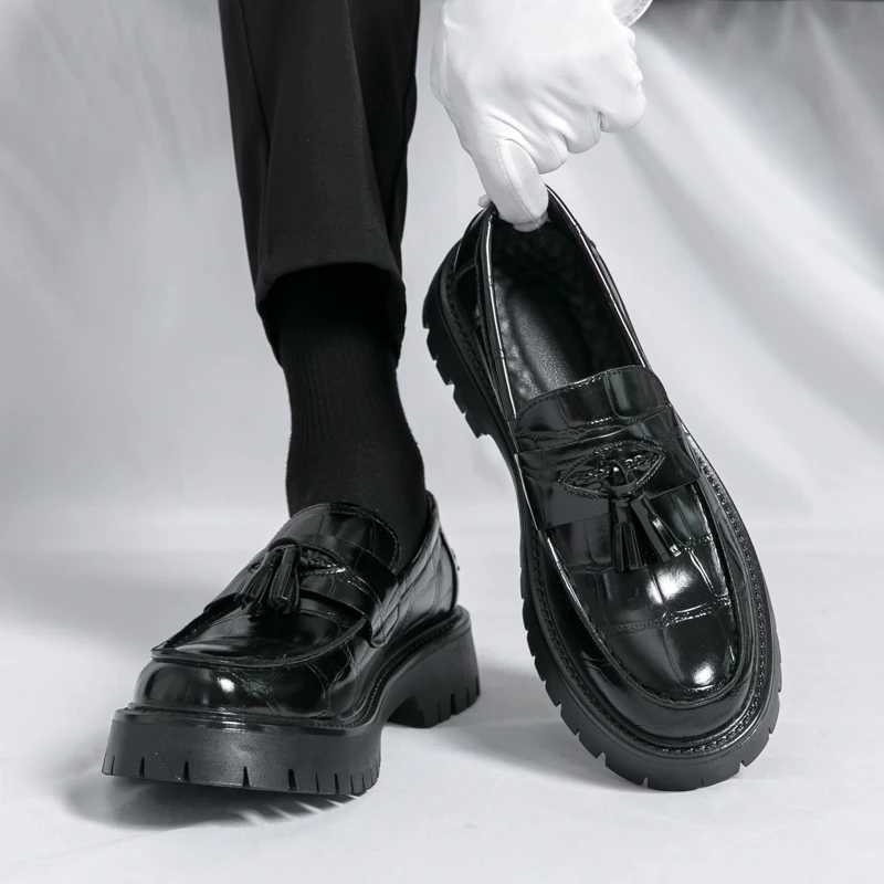 Business Tassel Loafers Shoes Slip Casual Thick Bottom Leather Black Dress Party Shoes Boat Loafers For Man FiXJ250118