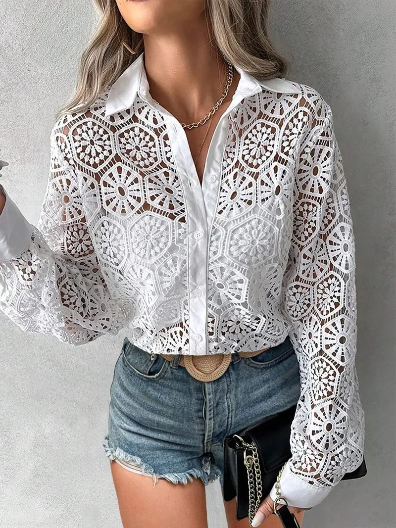 Plus Size 1XL5XL Hollow Out Blouse Casual Lapel Long Sleeve Blouse for Spring Womens Plus Size Clothing 250121