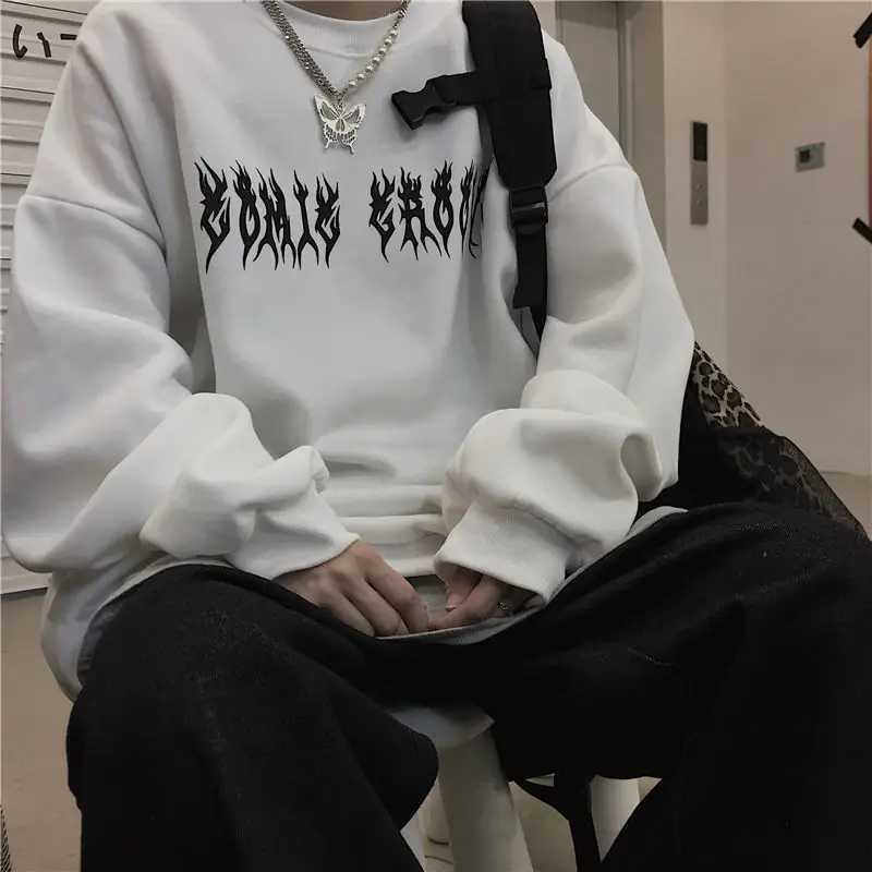 Black White Sweatshirts Grunge Punk Harajuku Streetwear E-girl Letter Wings Graphic Gothic Men Hoodie Y2K Aesthetic Pullover W250117