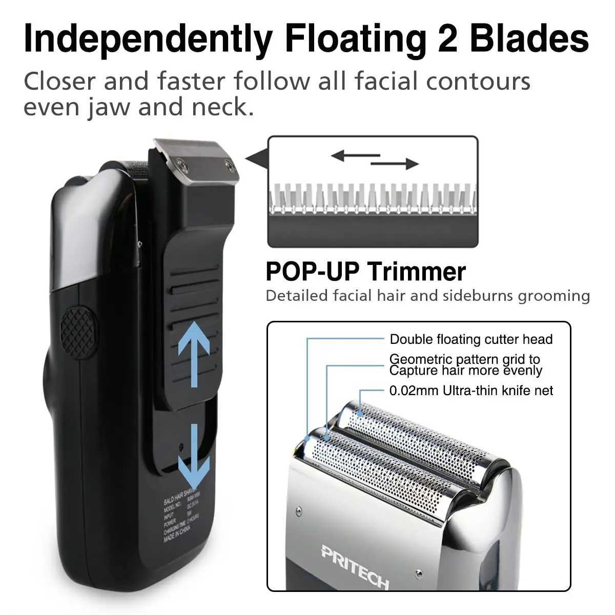 Pritech Rechargeable Electric Shaver for Men Cordless Razor Waterproof Beard Trimmer Head Hair Remover Safety Barber AccessoriesW250117