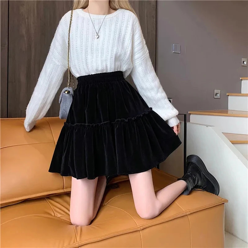 Black Velvet Patchwork Mini Skirt Women Sweet Solid A Line High Waist Fashion Pretty Style Pleated Summer Student 250121
