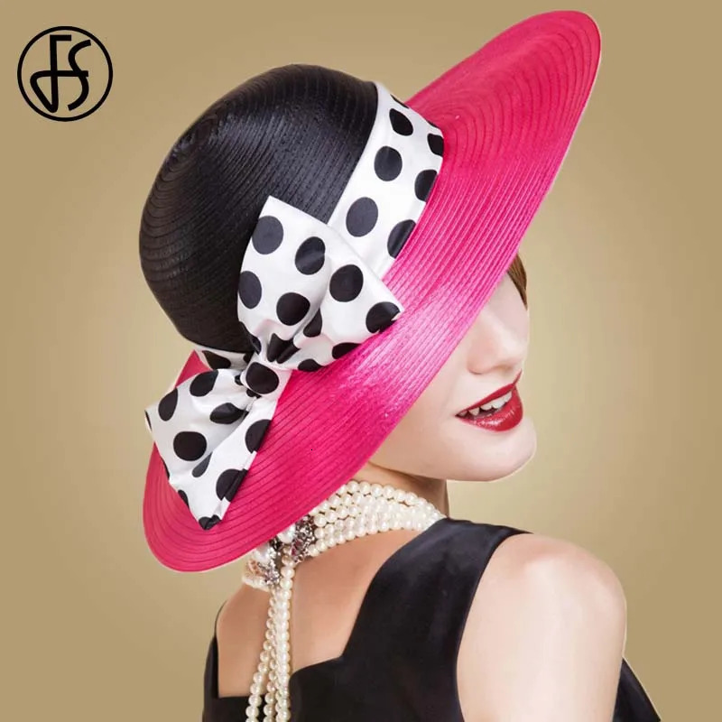 FS Elegant Women Wide Brim Rose Black Patchwork Polka Dots Kentucky Hat For Wedding Party Big Bowknot Fedora Beach Cap 250118