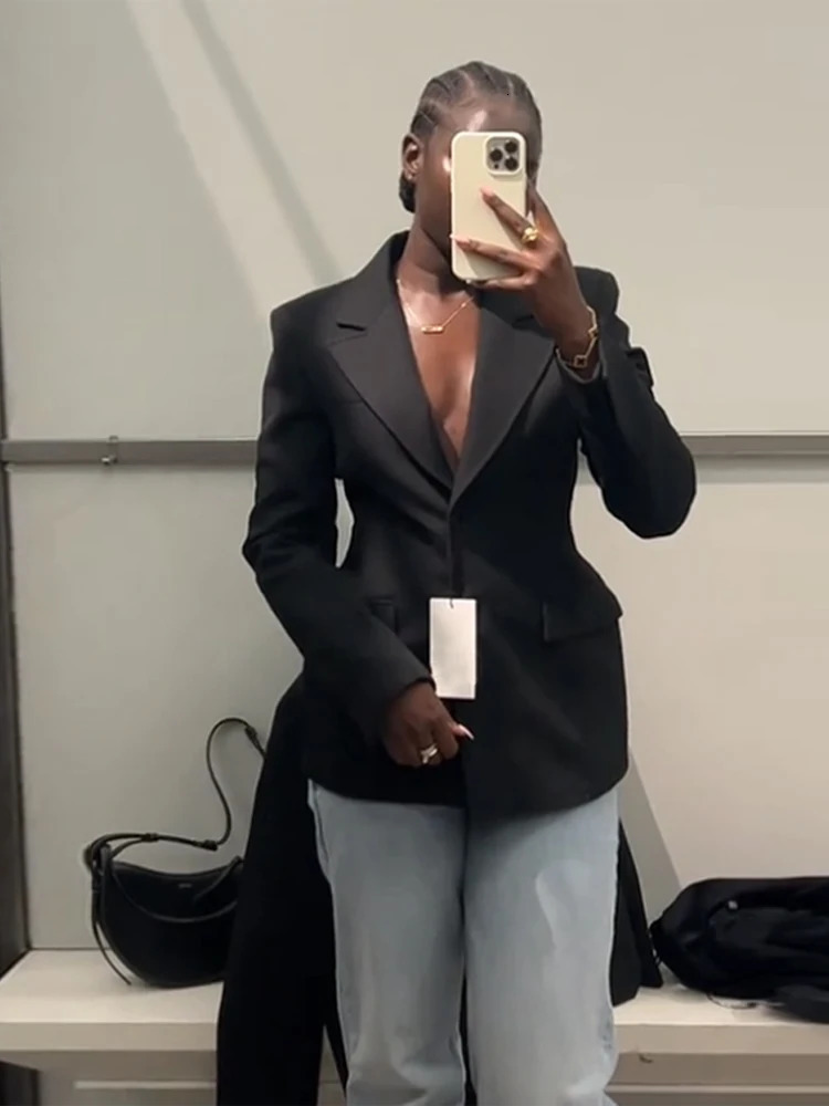 Mid Length Deep V Suit Coat Jacket Waist Cinched Commute Professional Formal Overcoat Slim Fit Lapel Womens Outwear Spring Fall 250120