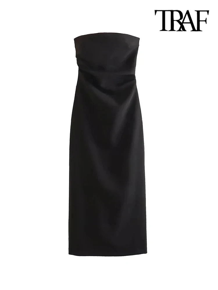 TRAF Women Fashion Strapless Gathered Midi Dress Sexy Straight Neck Back Slit Female Dresses Vestidos Mujer 250121