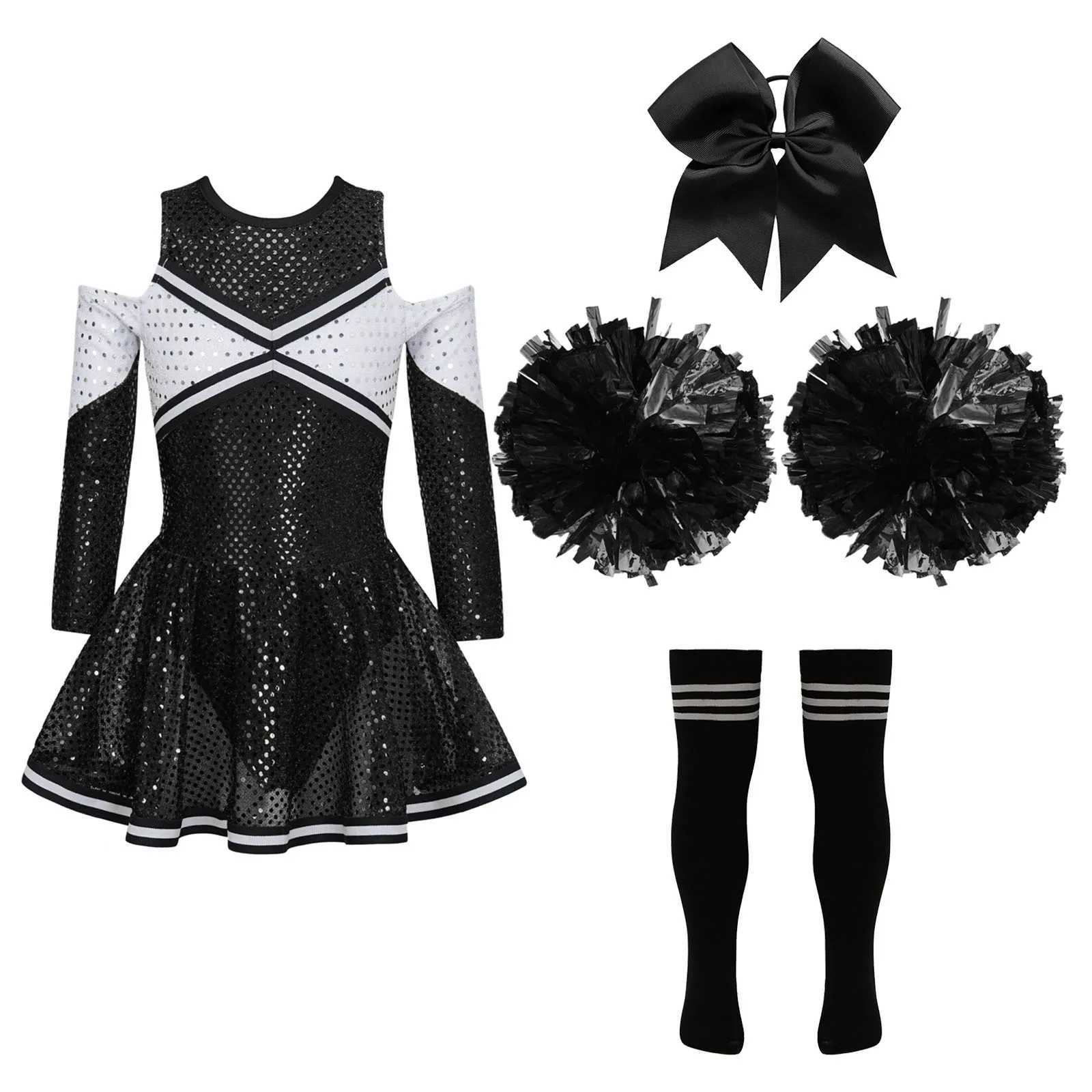 Childrens girls cheerleading dance costumes childrens glitter cheerleading uniforms dresses headwear handmade socks cheerleading costumesW250121