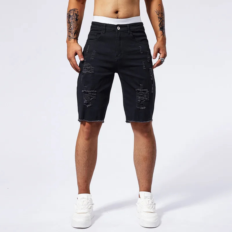 Summer mens ripped denim shorts in three colors fashionable retro washed high elasticity slim fit straight leg 241227