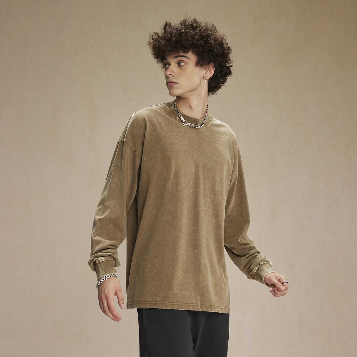 275g heavy-duty hip-hop Trbottomyy brand high street loose oversized washed old round neck long sleeved T-shirt spring and summer mens bottom shirt W2