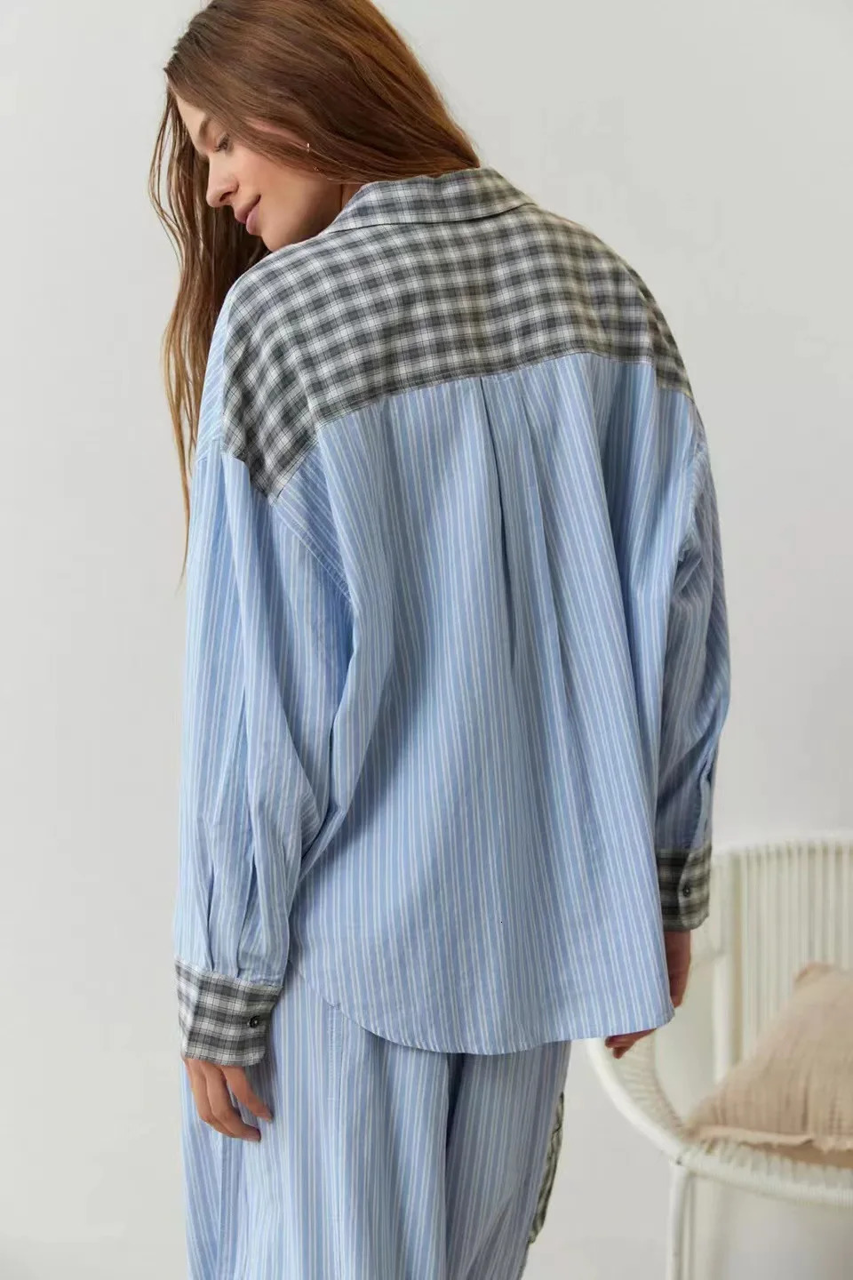 Spring and autumn flat top twopiece set 2024 womens casual long sleeved pocket shirt fashionable loose pants 250122