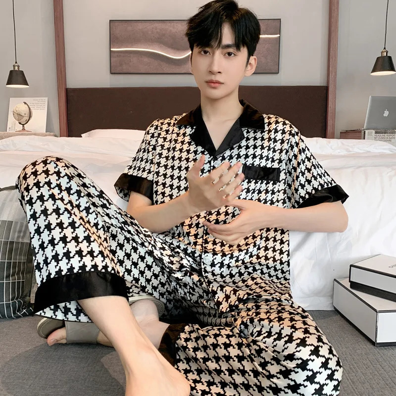 n Houndstooth Pajama Men Ice Silk Pyjama Set Youth Home Wear Teenager Night Clothes Long Sleeve Suit SleepwearSet Male 250122