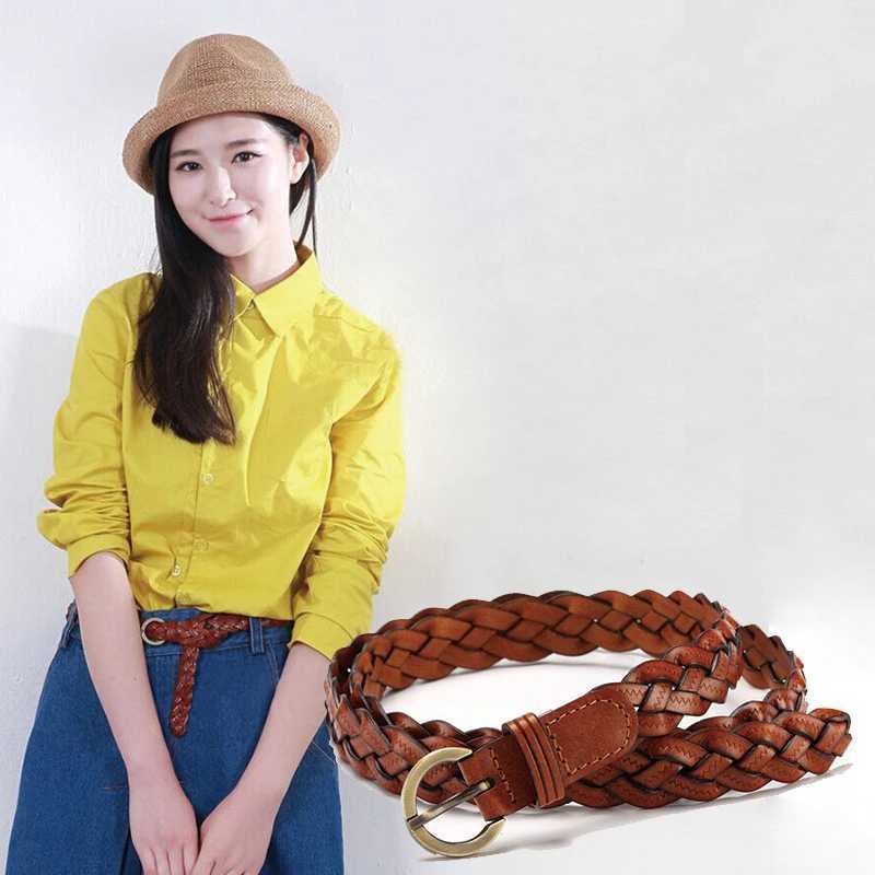 Women Leather Belt Waist Bands with Round Gold Buckle Braided Dress Belt Casual Thin Belt For Student Ladies Clothes Accessories W250120