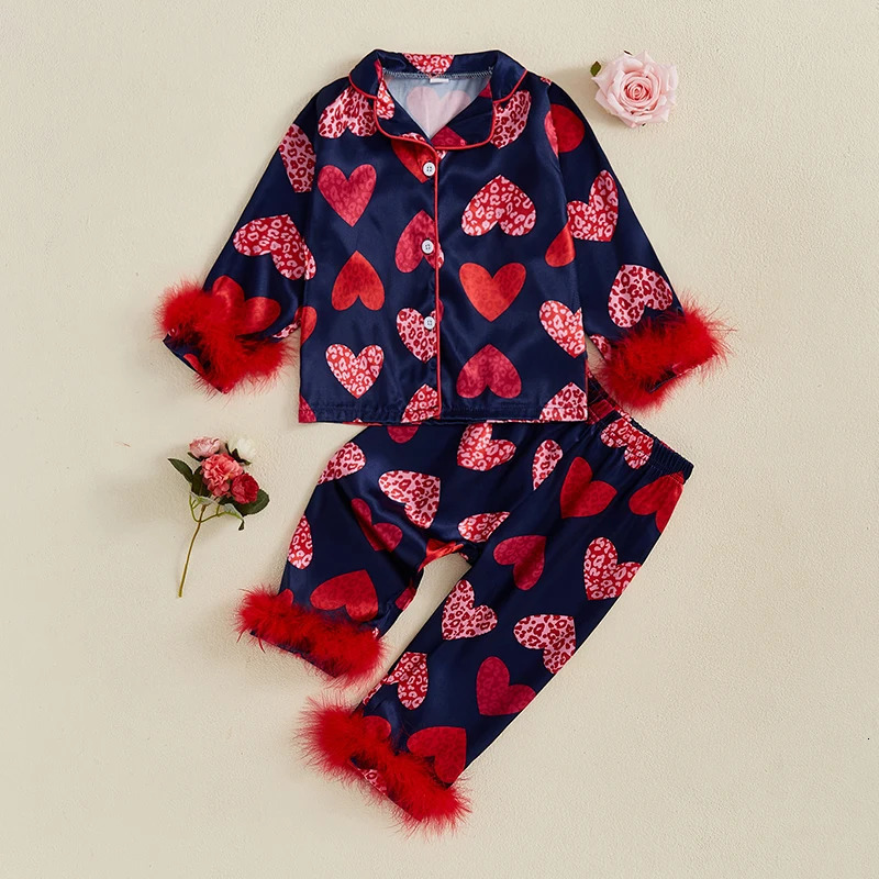 Lioraitiin 2-6Y Little Kids Girls Valentines Day Pajama Clothes Sets Heart Print Fur Patchwork Long Sleeve Lapel Shirt Pant 250121