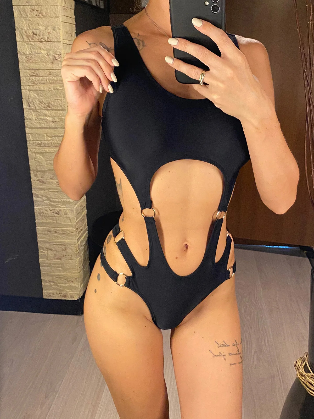 Black Sexy Tummy Cut Out Women Swimwear One Piece Swimsuit Female Padded High Cut Bather Bathing Suit Swim Wear Bodysuits K4739 250117