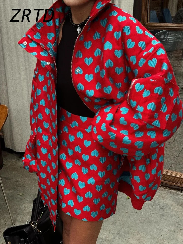 Oversize Heart Printed Jacket Mini Skirt Sets Women Loose Stand Collar Zipper Pockets Jackets Short Skirts 2024 Lady Y2k Outfits 250113