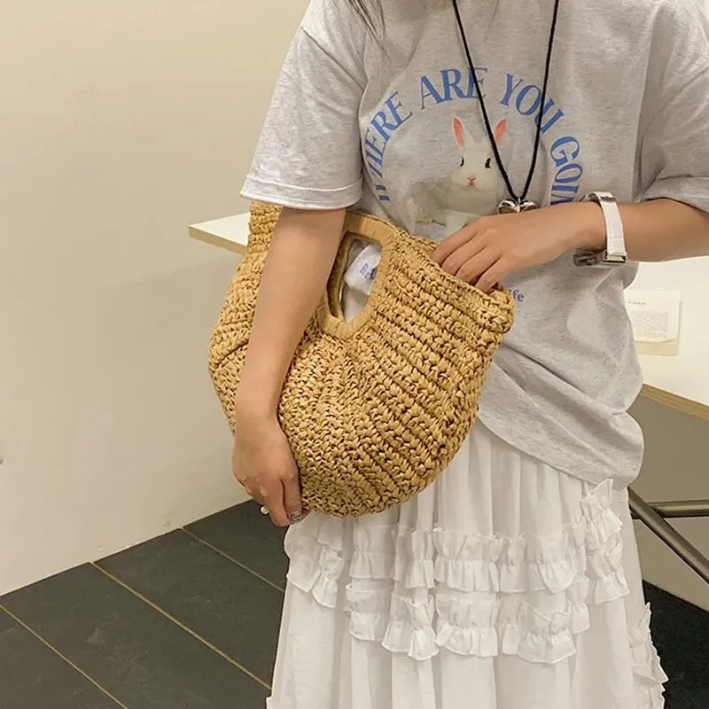 Summer Straw Women Half-moon Beach Handbag Rattan Handmade Handle Fashion Kintted Tote Bag 250207