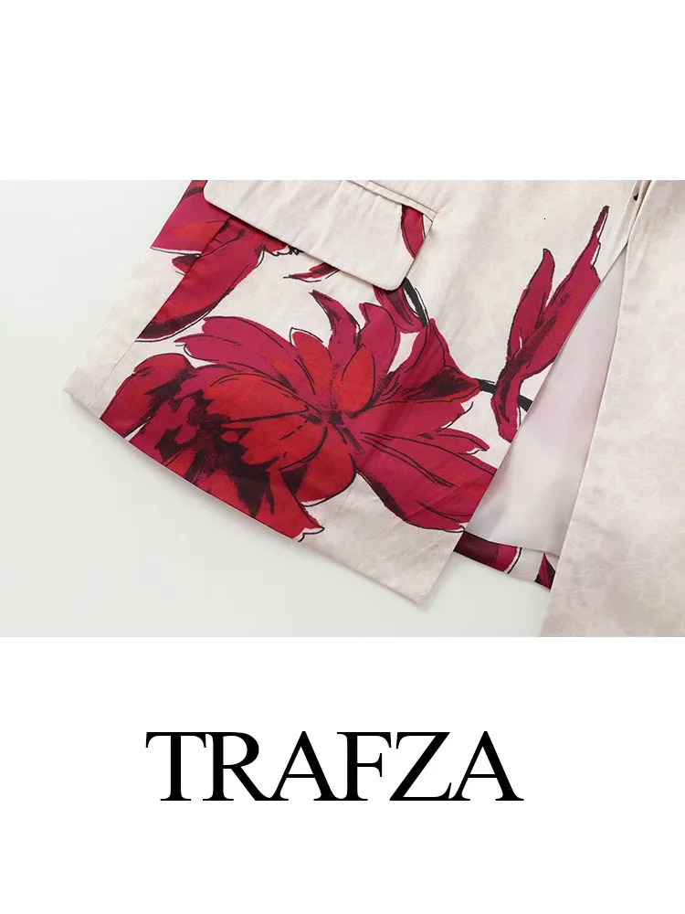 TRAFZA Womens 2piece Elegant Printed Collar Long Sleeve Pocket Decorative Jacket TopUltra Thin Loose Side Zipper Wide Leg Pants 250122