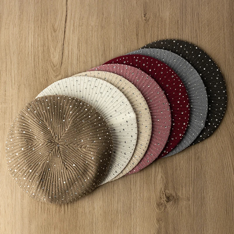 Handmade Women Rhinestone Beret Adult Knitted Stripe Solid Hat Female Ladies Warm Flexible Berets Girls Lady Casual Bonnet 250120