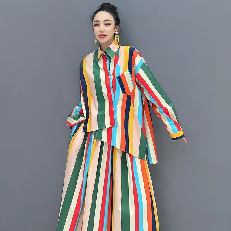 Korean style multicolor striped loose womens casual twopiece irregular shirt and skirt decal set JJSE033 250122