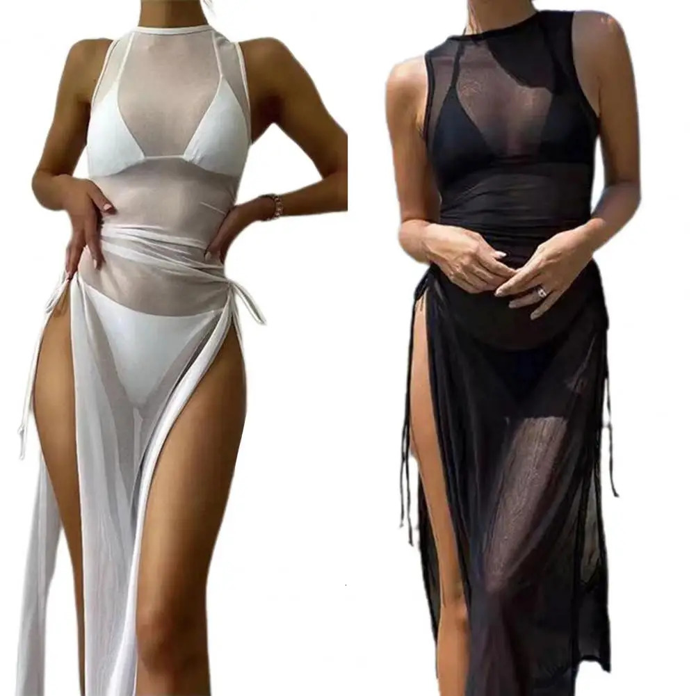 Oneck Side High Split Shirring Cover Up Dres Mesh Transparent Sleeveless Sunscreen Dress For Vacation y250120