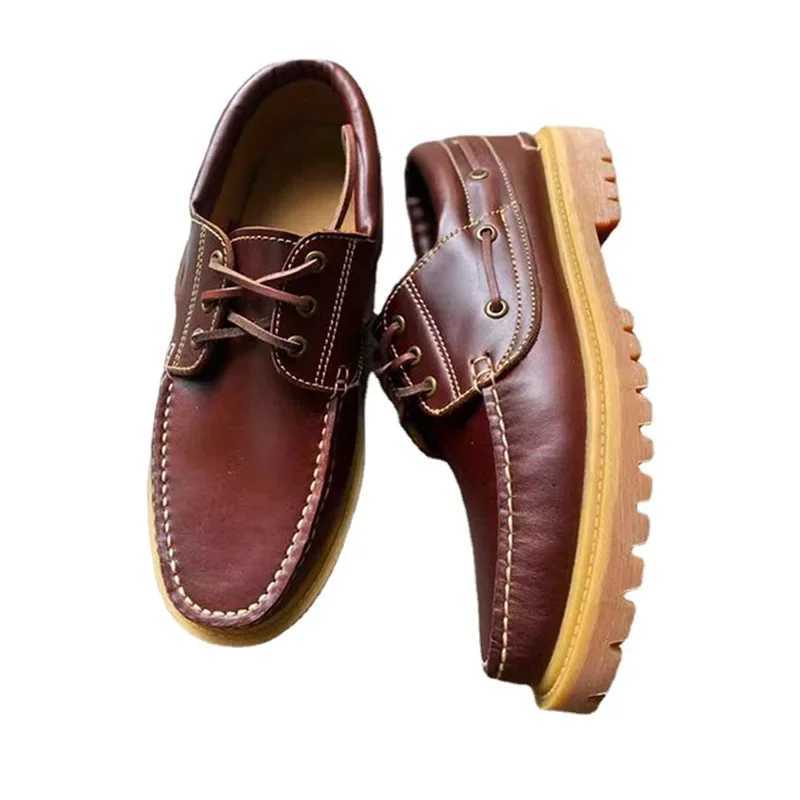 Genuine Leather Motorcycle Shoes Loafers for Men Casual Cowboy Shoes Boat Shoes Male Footwear Brown Lace-up HandmadeXJ250118