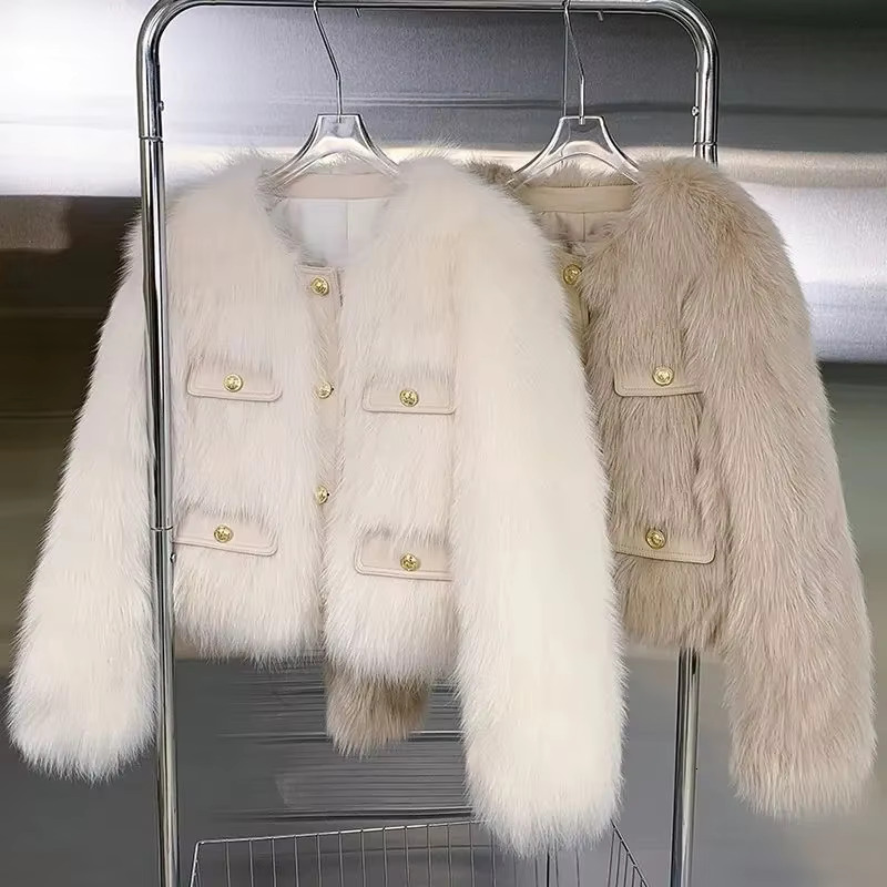 Autumn Winter Short Faux Ladies Coat Round Neck Long Sleeves Fur Female Jacket New Thickening Plush Women Outwear