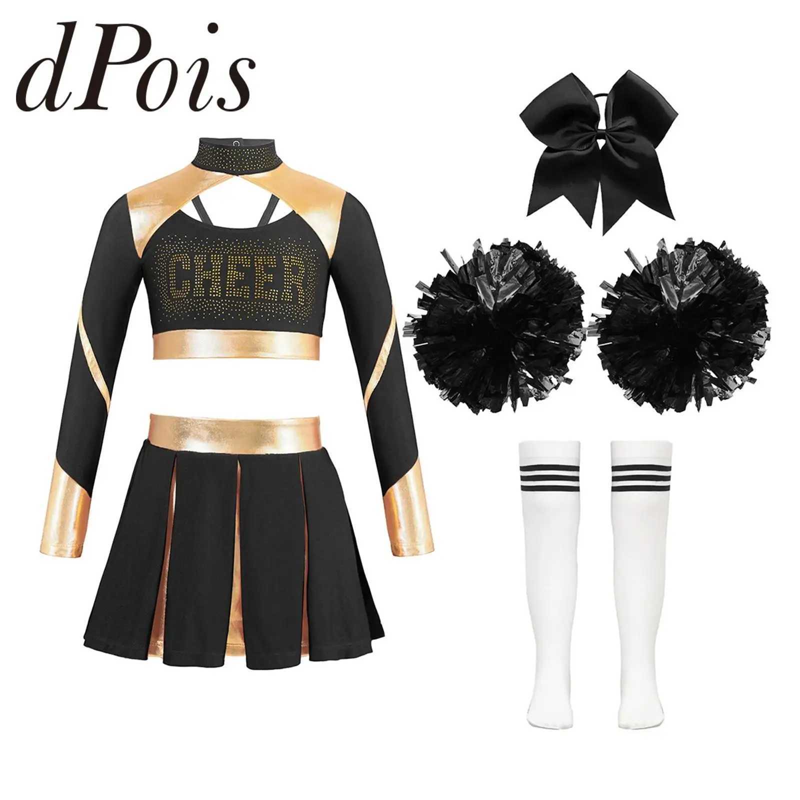 Kids Girls Cheerlead Costume Sets Cheerleader Cheerleading Outfit Crop Top Pleated Skirt Striped Stockings Flower Balls SuitsW250121